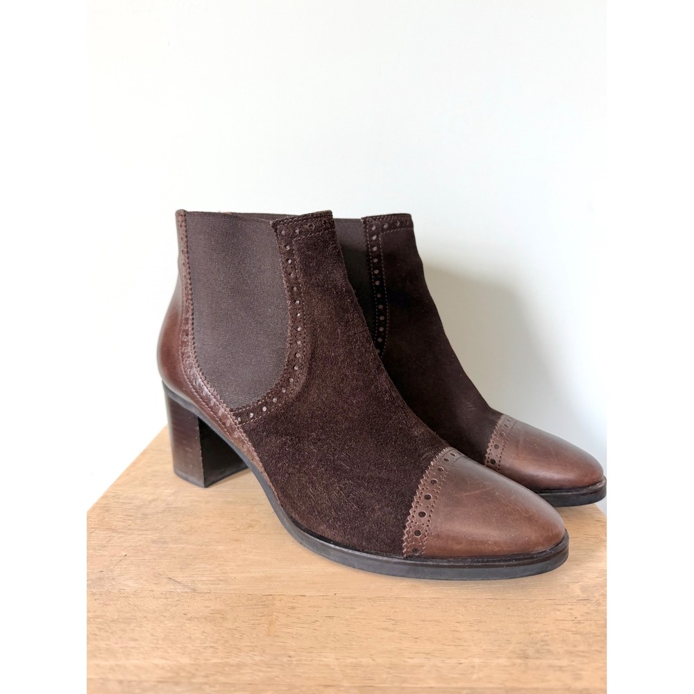 Lottusse Brown Leather Suede Brogue Chelsea Block Heel Ankle Boots Size 6.5-7